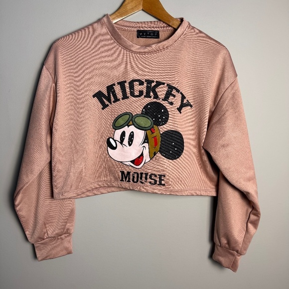 MY TOP Women's Aviator Mickey Mouse Long Sleeve Cropped Sweatshirt Muted Salmon - Picture 1 of 9